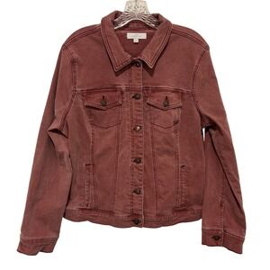 New Directions Denim Trucker Jacket Womens Large Dusty Rose Stretch Pockets